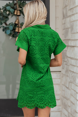 Rose Red Solid Color Eyelet Embroidered T Shirt Mini Dress