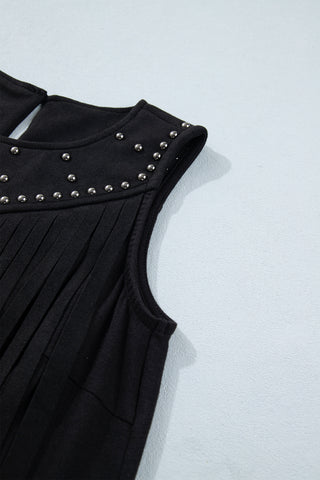 Black Western Fringe Rivet Paneling Bust Sleeveless Top