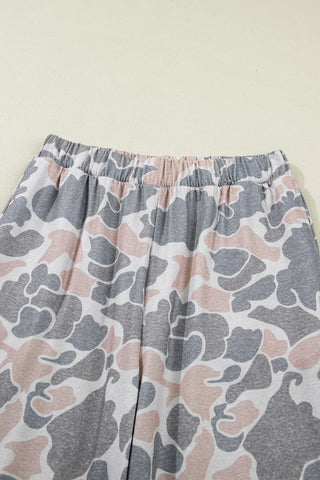 Multicolour Camouflage Short Sleeve Top and High Waist Wide Leg Pants Set