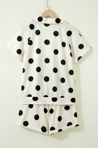 Beige Polka Dot Print V Neck Tee Short Set
