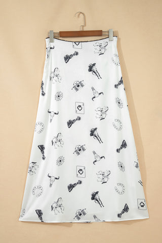 White Western Print Satin Long Skirt