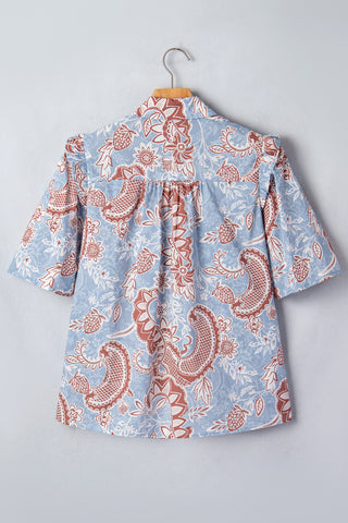 Sky Blue Boho Floral Print Scalloped Trim Button Down Short Sleeve Shirt