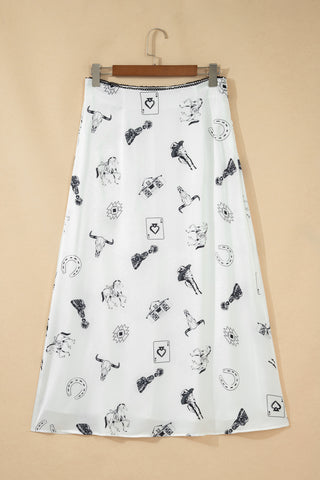 White Western Print Satin Long Skirt