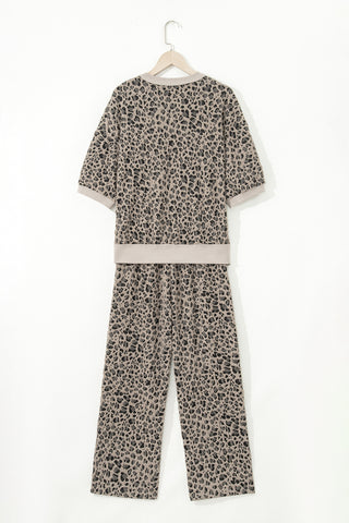 Khaki Jacquard Leopard Half Sleeve Jumper Wide Leg Pant Set