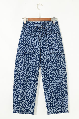 Khaki Leopard Printed Drawstring Elastic Waistband Pocketed Barrel Jeans
