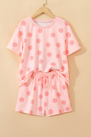 Black Polka Dot Print Loose Tee Drawstring Elastic Waist Short Set