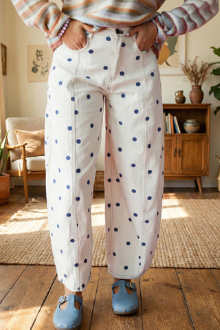 Blue Polka Dot Print Seam Detail Barrel Jeans