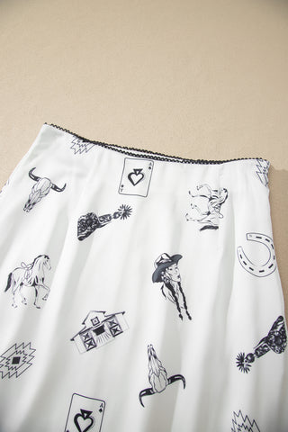 White Western Print Satin Long Skirt