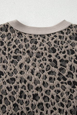 Khaki Jacquard Leopard Half Sleeve Jumper Wide Leg Pant Set