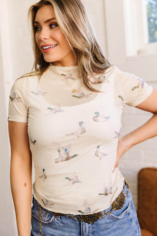 Beige Mallard Sheer Mesh Short Sleeve Top