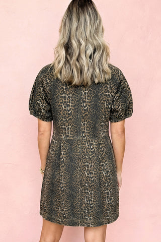 Gray Leopard Print Short Sleeve Pleated Denim Mini Dress
