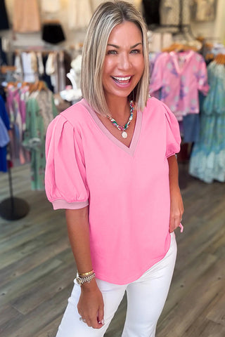 Mint Green Solid Color V Neck Short Puff Sleeve Blouse