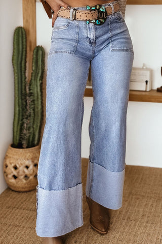Beau Blue Turn-up Cuffs Womens Loose Jeans