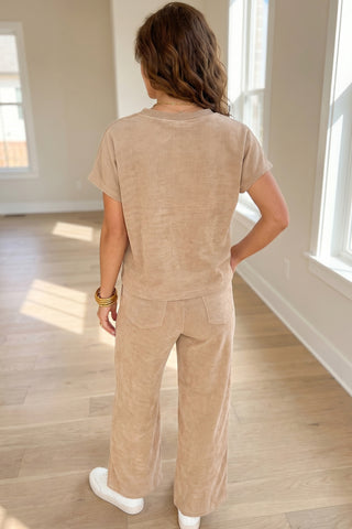 Light French Beige Solid Color Short Sleeve Top Casual Pants 2pcs Corduroy Set