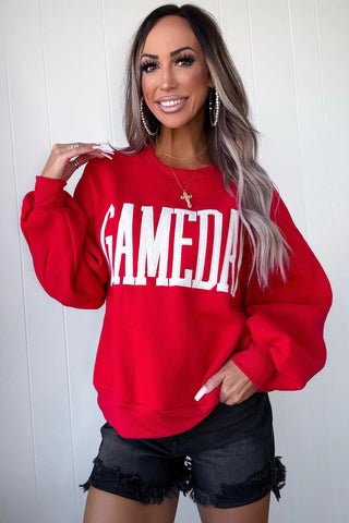 Fiery Red GAMEDAY Embroidered Patch Pattern Casual Shift Sweatshirt