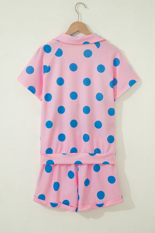 Beige Polka Dot Print V Neck Tee Short Set