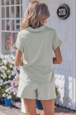 Sky Blue Stripe Dolman Sleeve Polo Shirt and Drawstring Shorts Set