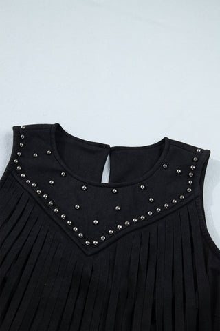 Black Western Fringe Rivet Paneling Bust Sleeveless Top