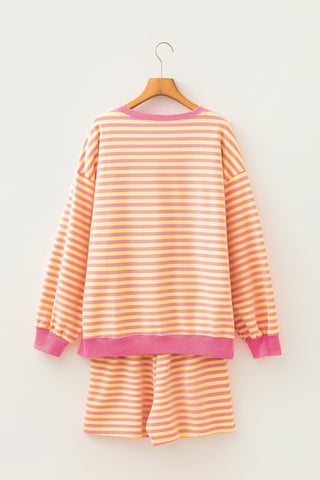 Yellow Stripe Color Block Trim Round Neck Long Sleeve Top Casual Shorts 2pcs Set