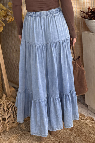 Black Elastic Waist Ruffled Tiered Flared Denim Maxi Skirt