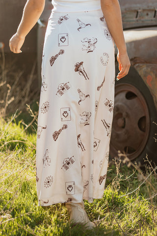 White Western Print Satin Long Skirt