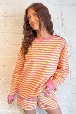Yellow Stripe Color Block Trim Round Neck Long Sleeve Top Casual Shorts 2pcs Set