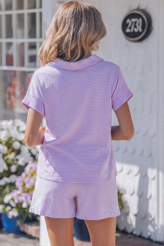 Sky Blue Stripe Dolman Sleeve Polo Shirt and Drawstring Shorts Set