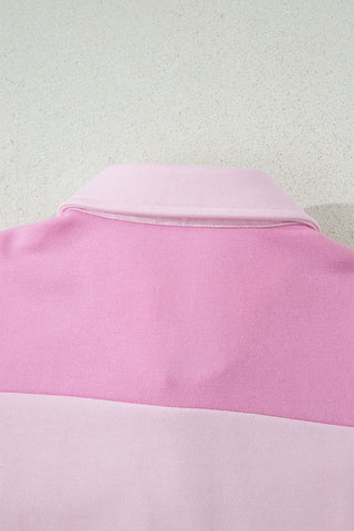 Pink Raw Seam Color Block Patchwork Button Polo Collar Mini Dress