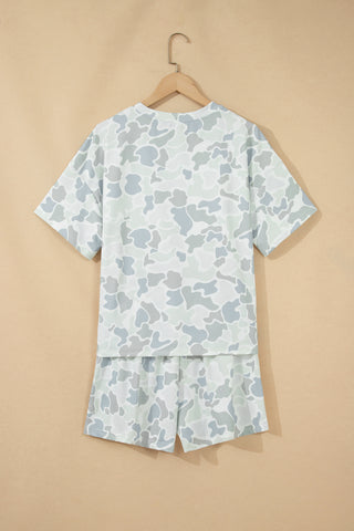 Multicolour Camouflage Print Casual Tee Drawstring Short Set