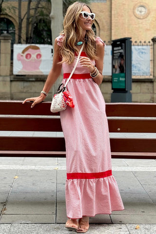 Red Stripe Bow Knot Straps Contrast Trim High Waist Ruffle Hem Maxi Dress
