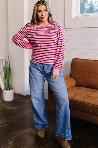 Pink Stripe V Neck Drop Shoulder Long Sleeve Top