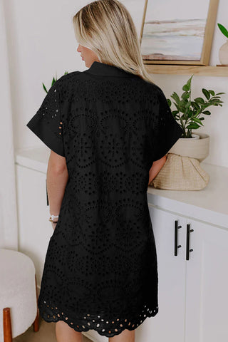 Rose Red Solid Color Eyelet Embroidered T Shirt Mini Dress