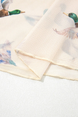 Beige Mallard Sheer Mesh Short Sleeve Top