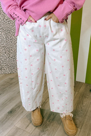 Blue Polka Dot Print Seam Detail Barrel Jeans