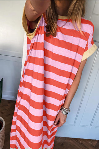 Rose Stripe Cuffed Short Sleeve Pocketed Casual T Shirt Long Dress
