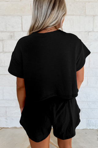 Black 2pcs Cropped Tee and Ruffle High Waist Skort Set