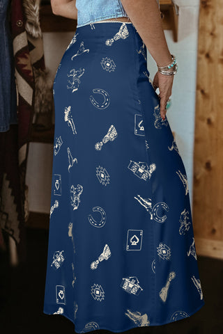 White Western Print Satin Long Skirt